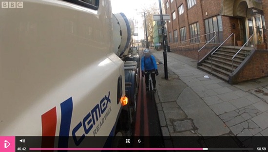 A typically dangerous situation, familiar to many cyclists. (Photo from London Cyclist, originally BBC)