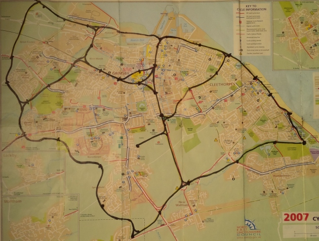 A map of the proposed Bike Tube network in Grimsby and Cleethorpes.